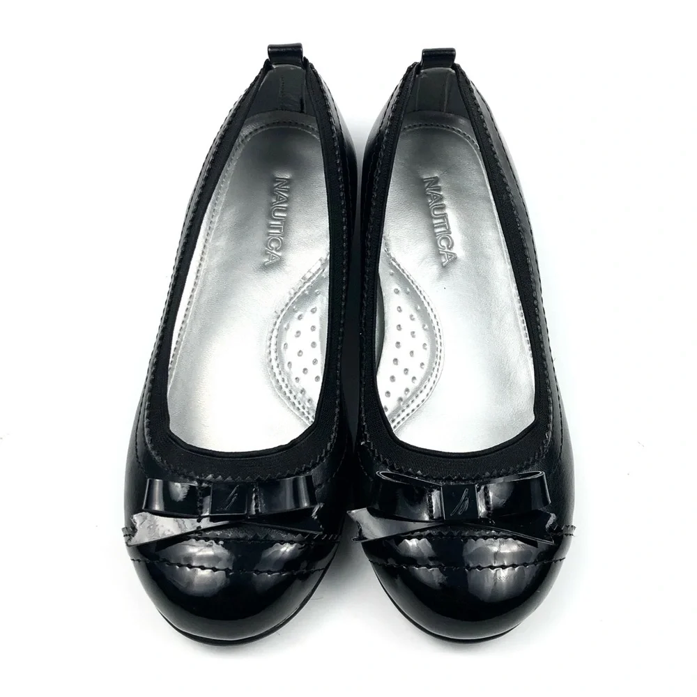 Nautica Girls Black Faux Leather Ballet Flats Sz 2